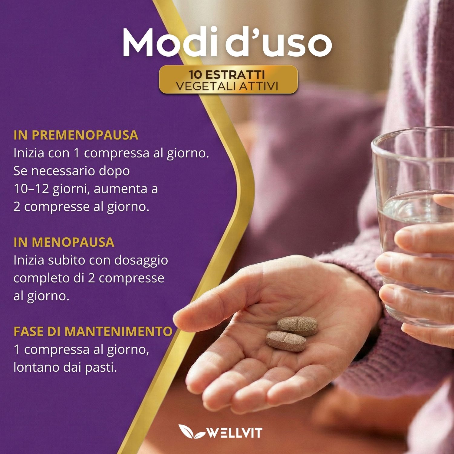 Mani con compresse e bicchiere. Testo: Modi d'uso. Scritta: Kearvit, Integratore alimentare. Loghi: Wellvit.