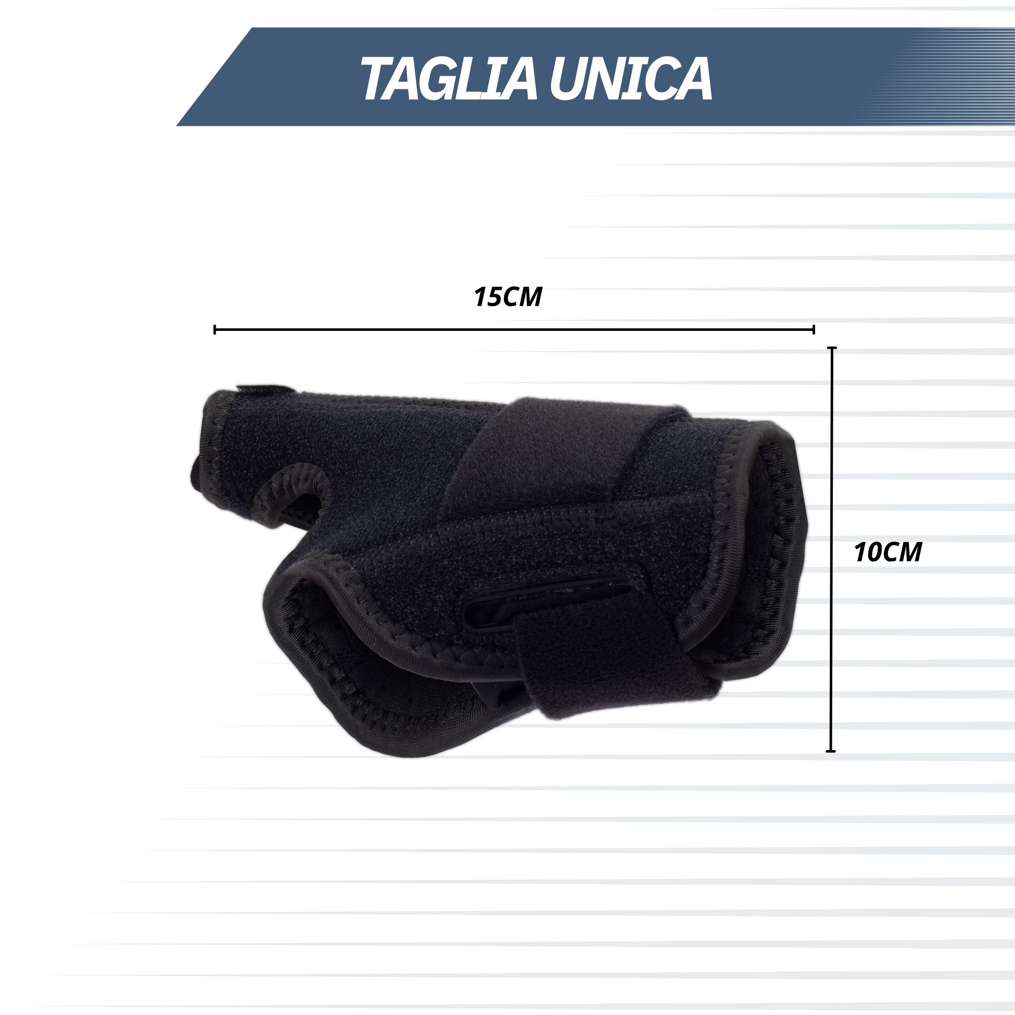 Tutore da polso nero, 15x10cm, con chiusure in velcro.