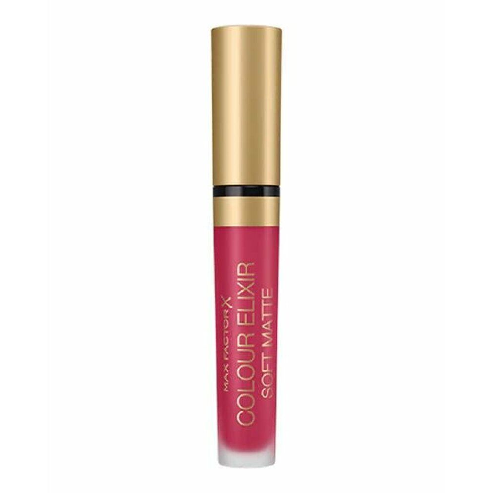 Rossetto rosa con tappo dorato. Scritta: Max Factor Colour Elixir Soft Matte. Tubo trasparente.