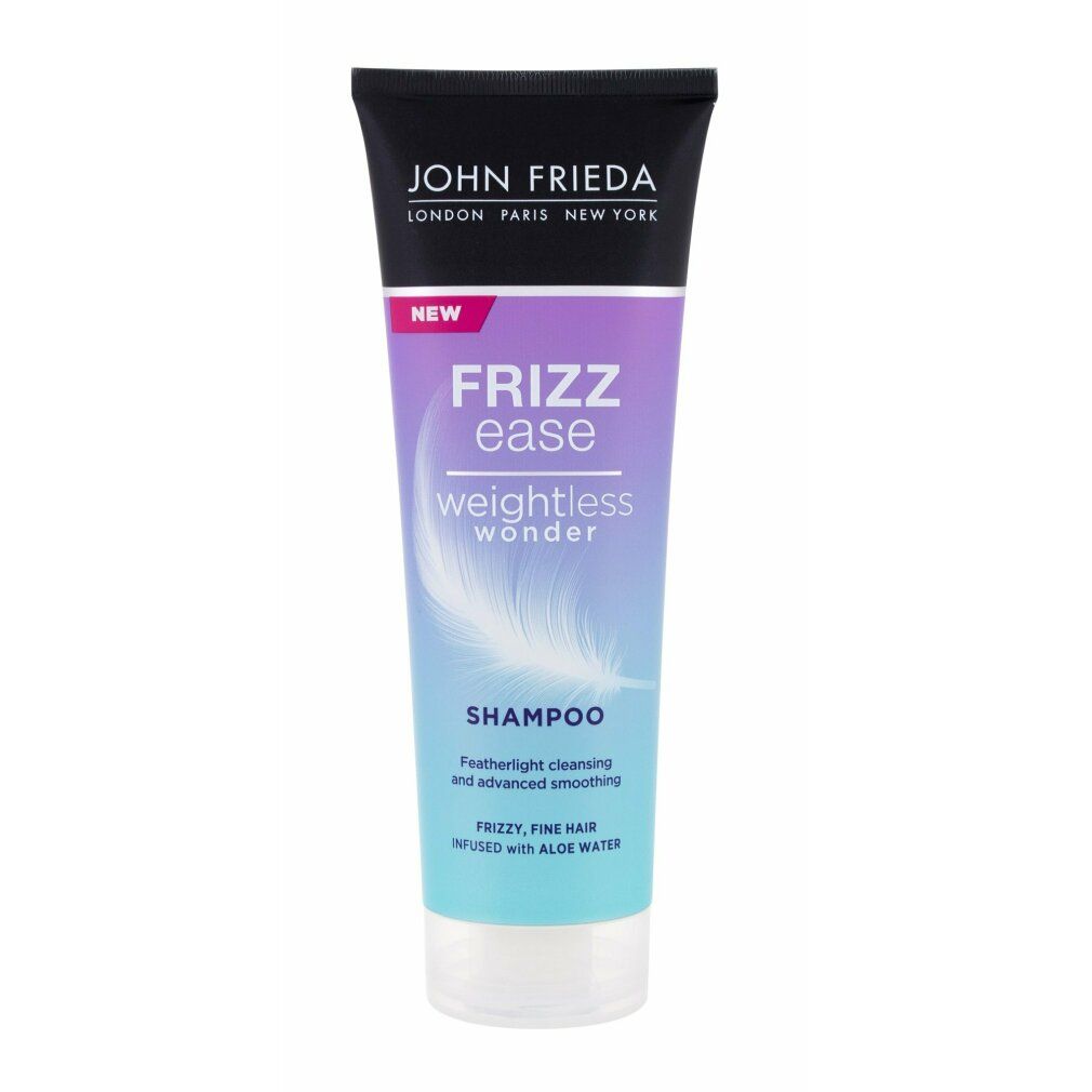 Tubo shampoo Frizz Ease Weightless Wonder. Tappo nero, sfumatura viola-blu, illustrazione piuma. Testo: Shampoo, per capelli fini.