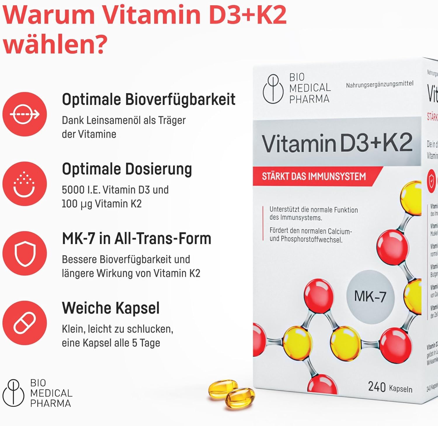 Capsule Bio Medical Pharma Vitamina D3+K2: Rafforza il sistema immunitario. Dosaggio ottimale, MK-7 in forma All-Trans.