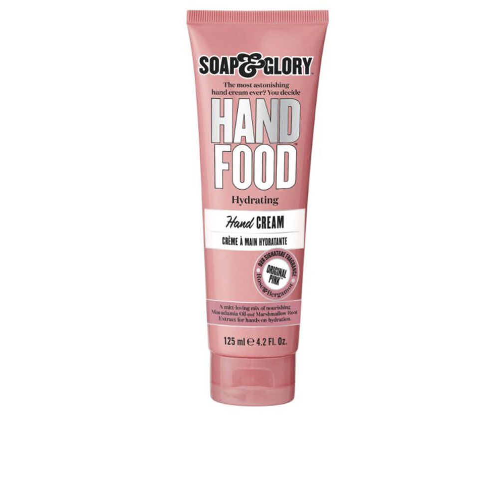 Tubo rosa con scritta "Soap & Glory Hand Food". Contiene "Hydrating Hand Cream".