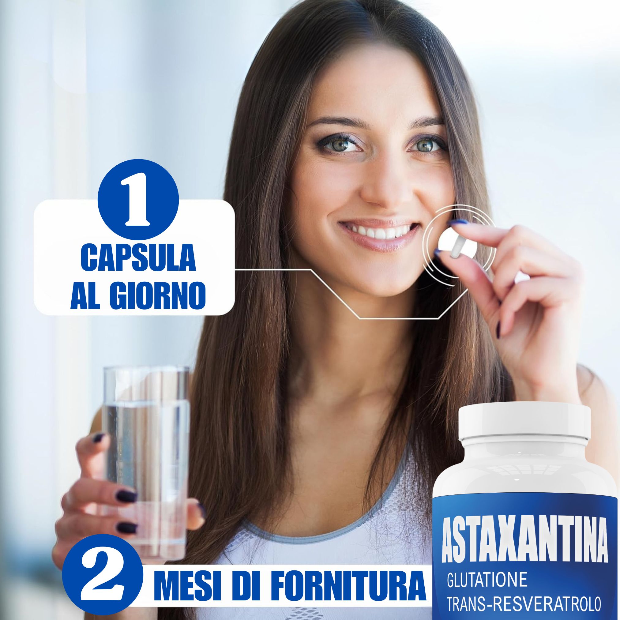 Donna assume capsula di Astaxantina. 1 capsula al giorno, 2 mesi di scorta.