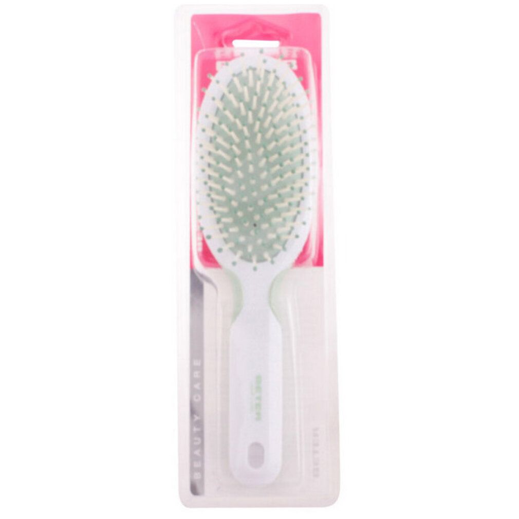 Spazzola per capelli bianca con setole verdi a punta sferica, confezione blister. Marchio BETER.