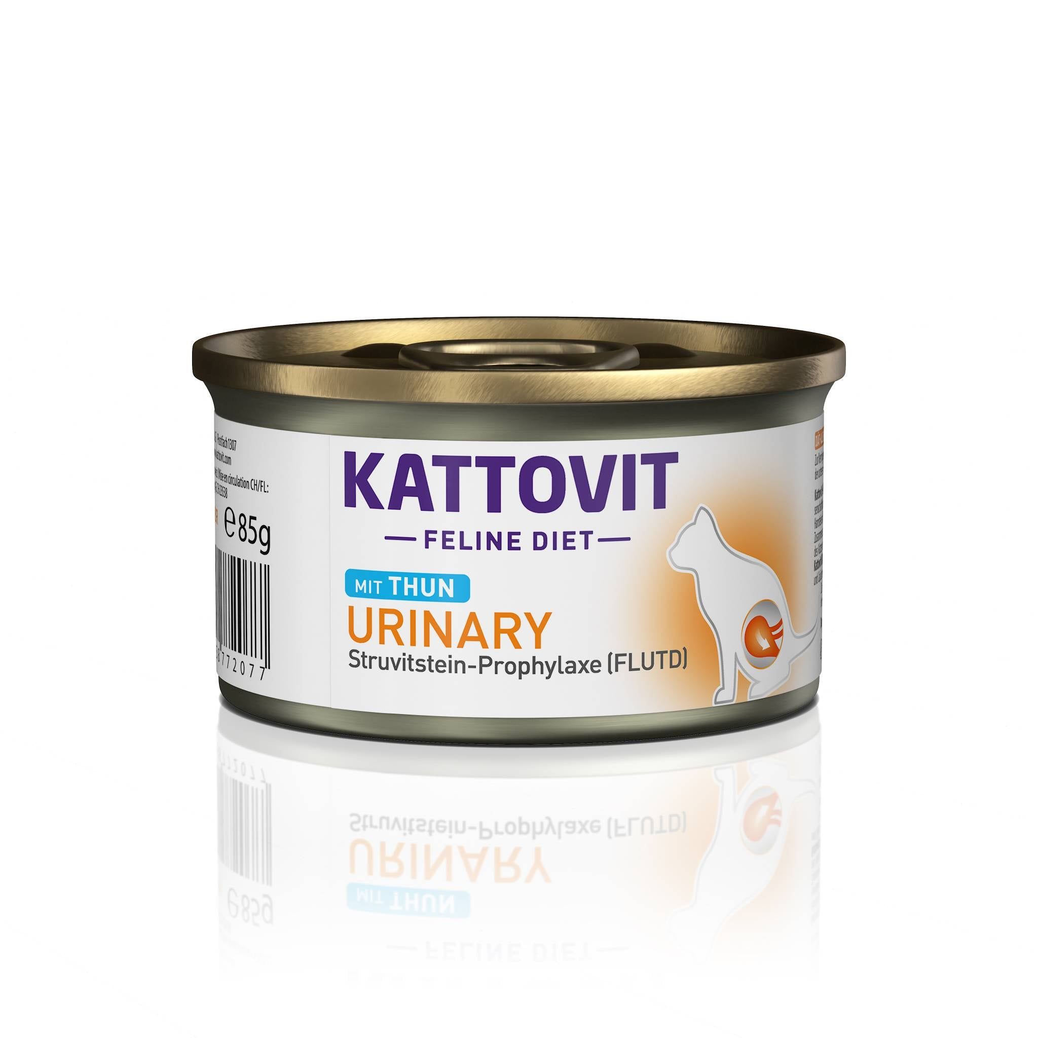 Lattina KATTOVIT Urinary Thun. Lattina con coperchio, etichetta con informazioni e logo. Scritta: Urinary, profilassi dei calcoli di struvite.