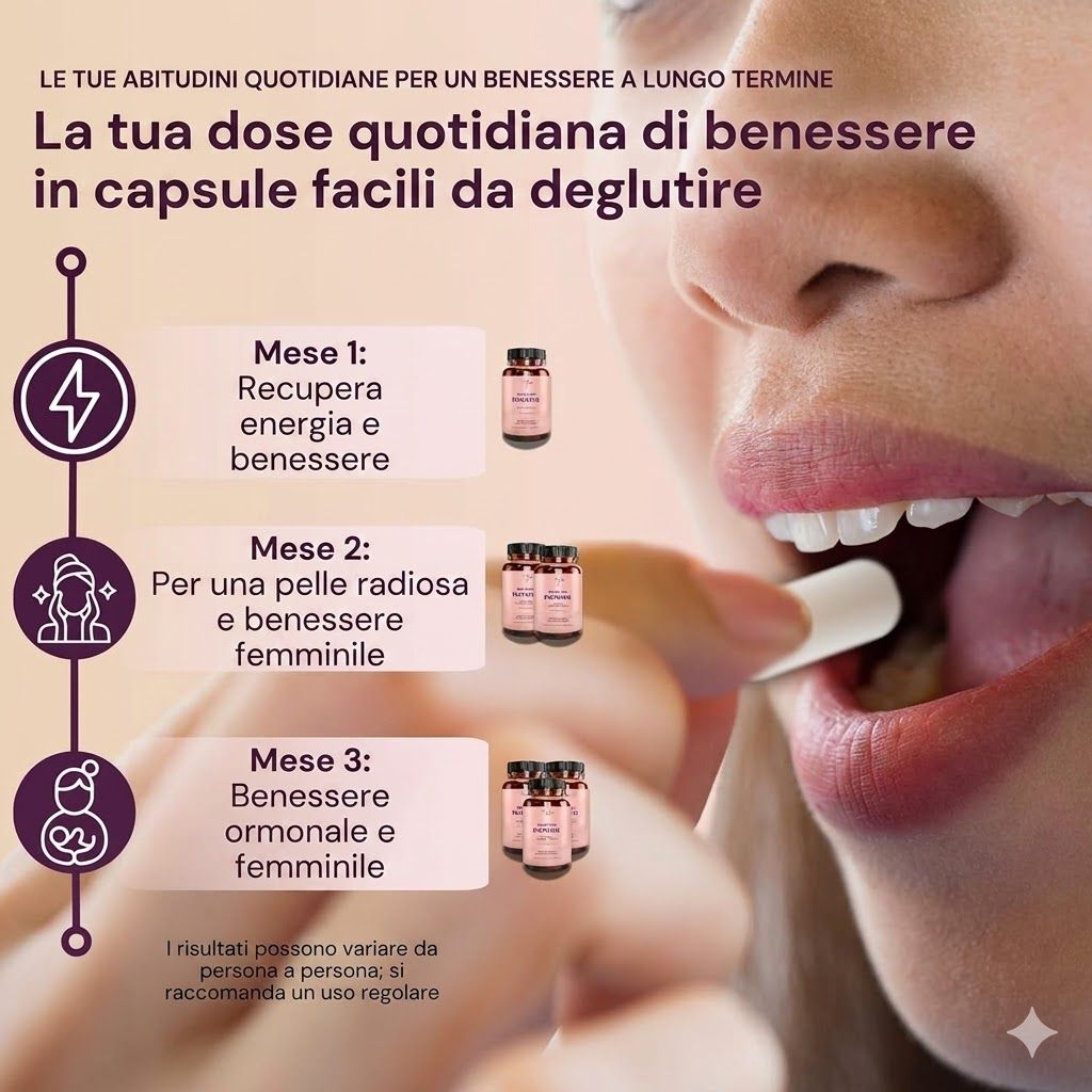 Primo piano di una persona che assume una capsula, con una timeline dei benefici mensili.