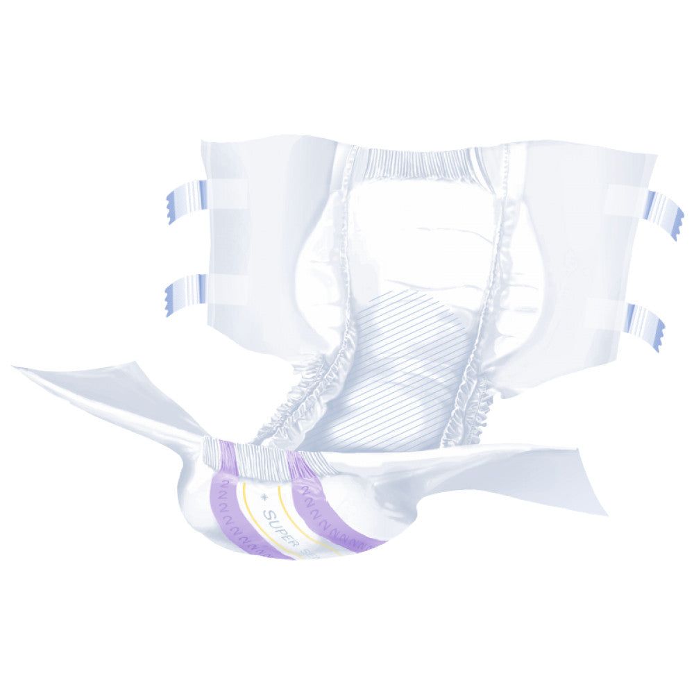 Pantaloni per incontinenza Super Seni Plus. Bianchi, con chiusure adesive laterali. Struttura interna a coste. Dettagli viola e gialli.