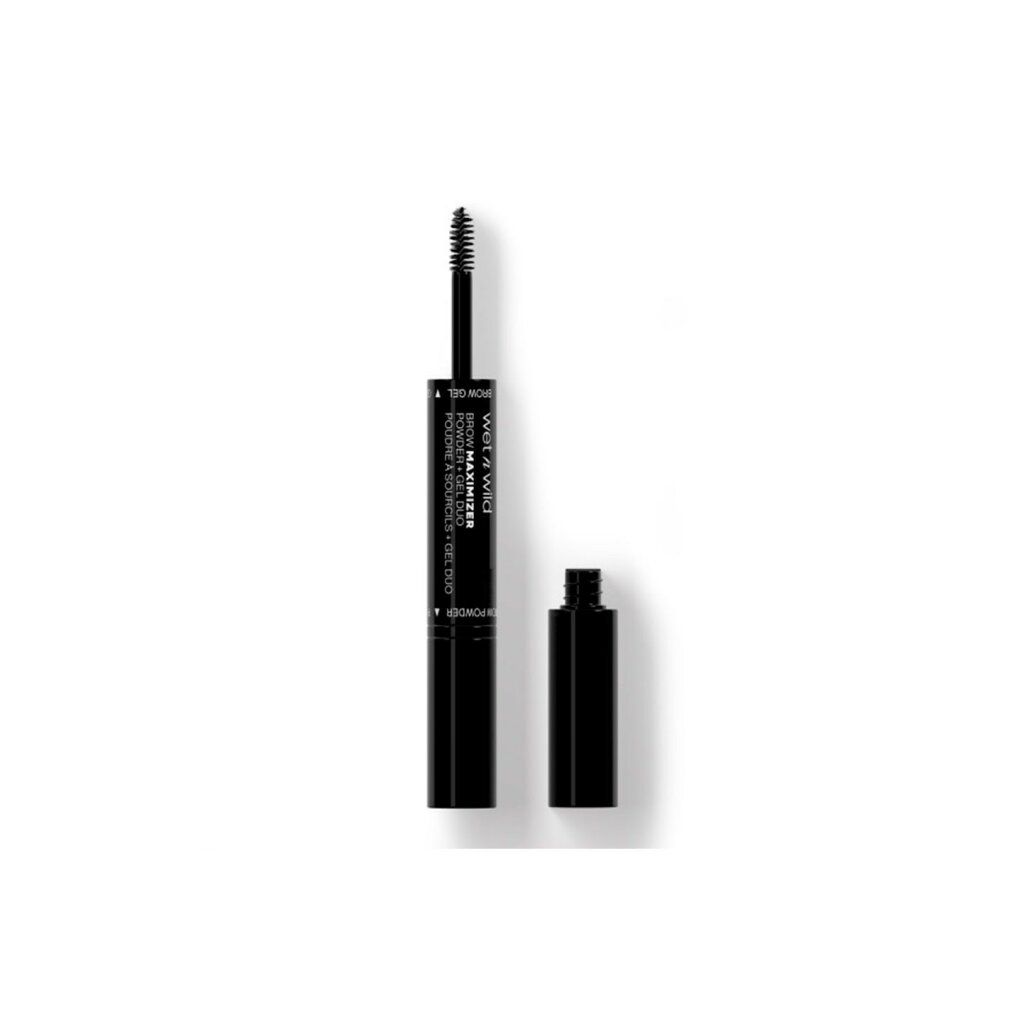 Matita nera, tappo accanto. Testo: WET N WILD BROW MAXIMIZER POWDER & SOURCILS GEL DUO. Spazzola visibile.