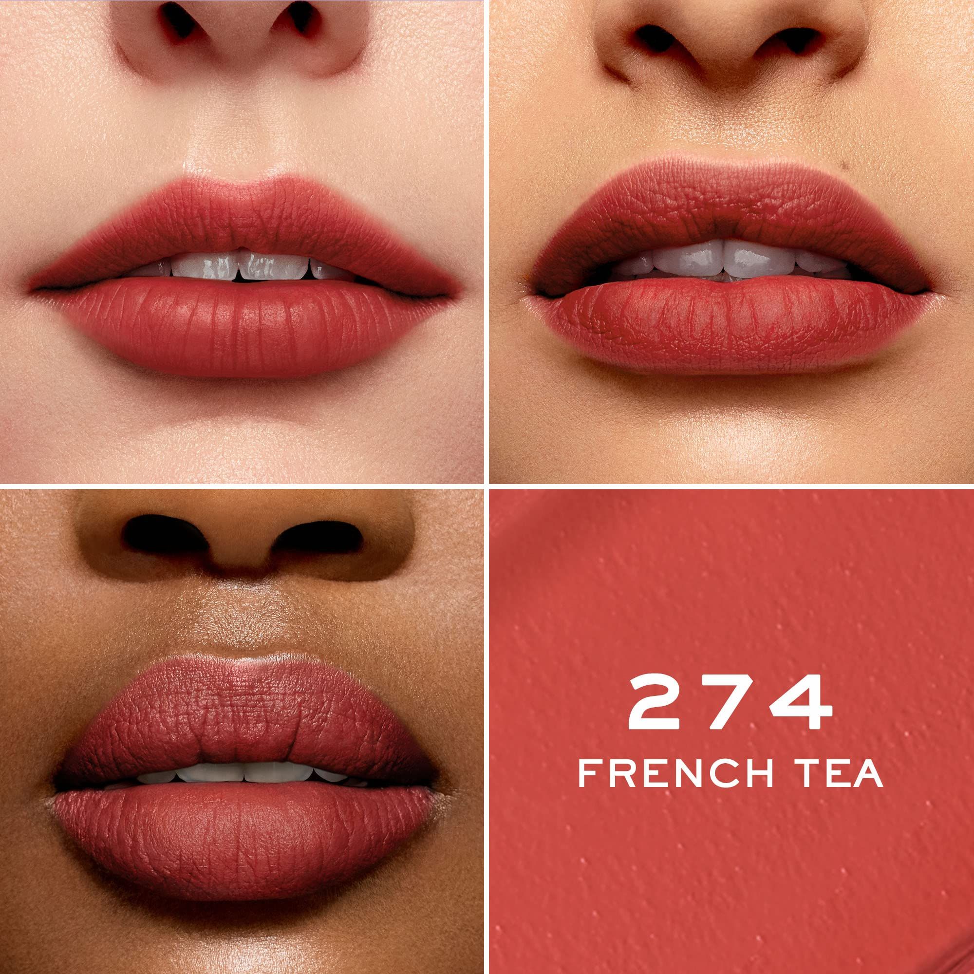 Quattro labbra con diverse tonalità di pelle che indossano il rossetto. Testo: 274 French Tea.