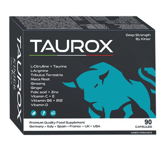 Scatola nera con "TAUROX" e ingredienti. Contiene 90 capsule. Con un logo di toro.
