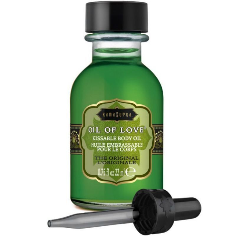 Flacone di olio Kamasutra con contagocce. Liquido verde in flacone di vetro, 22 ml.