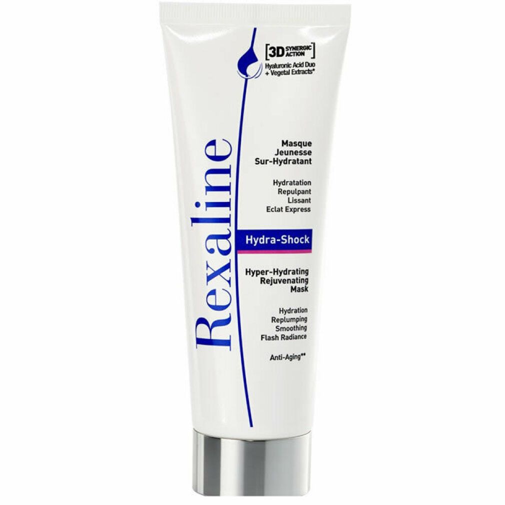 Tubo bianco Rexaline Hydra-Shock. Scritte blu e argento. Contiene estratti vegetali.