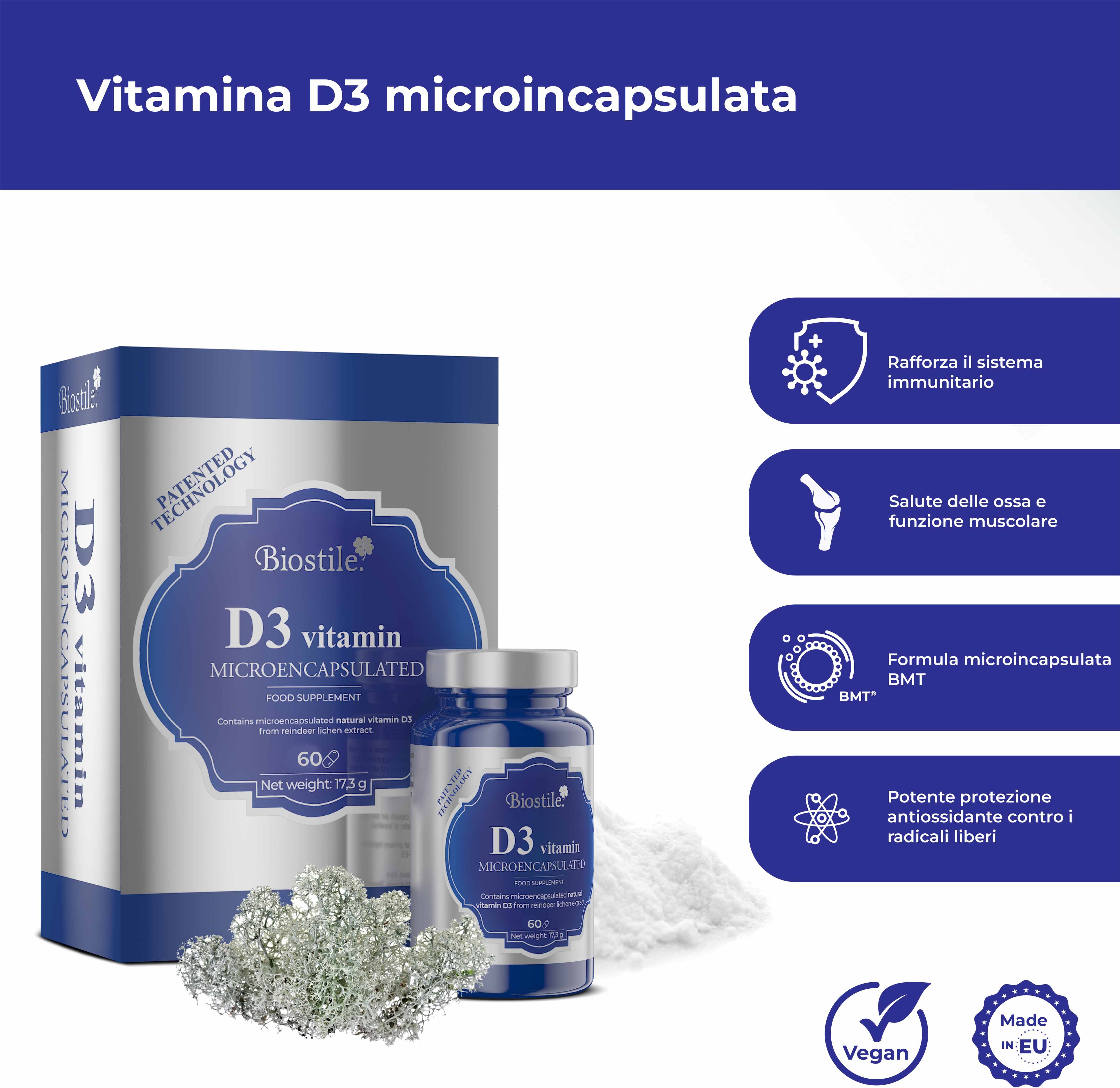 Biostile BMT D3 Vitamin Microincapsulato. Scatola, flacone, illustrazioni. Sigilli Vegan e UE.