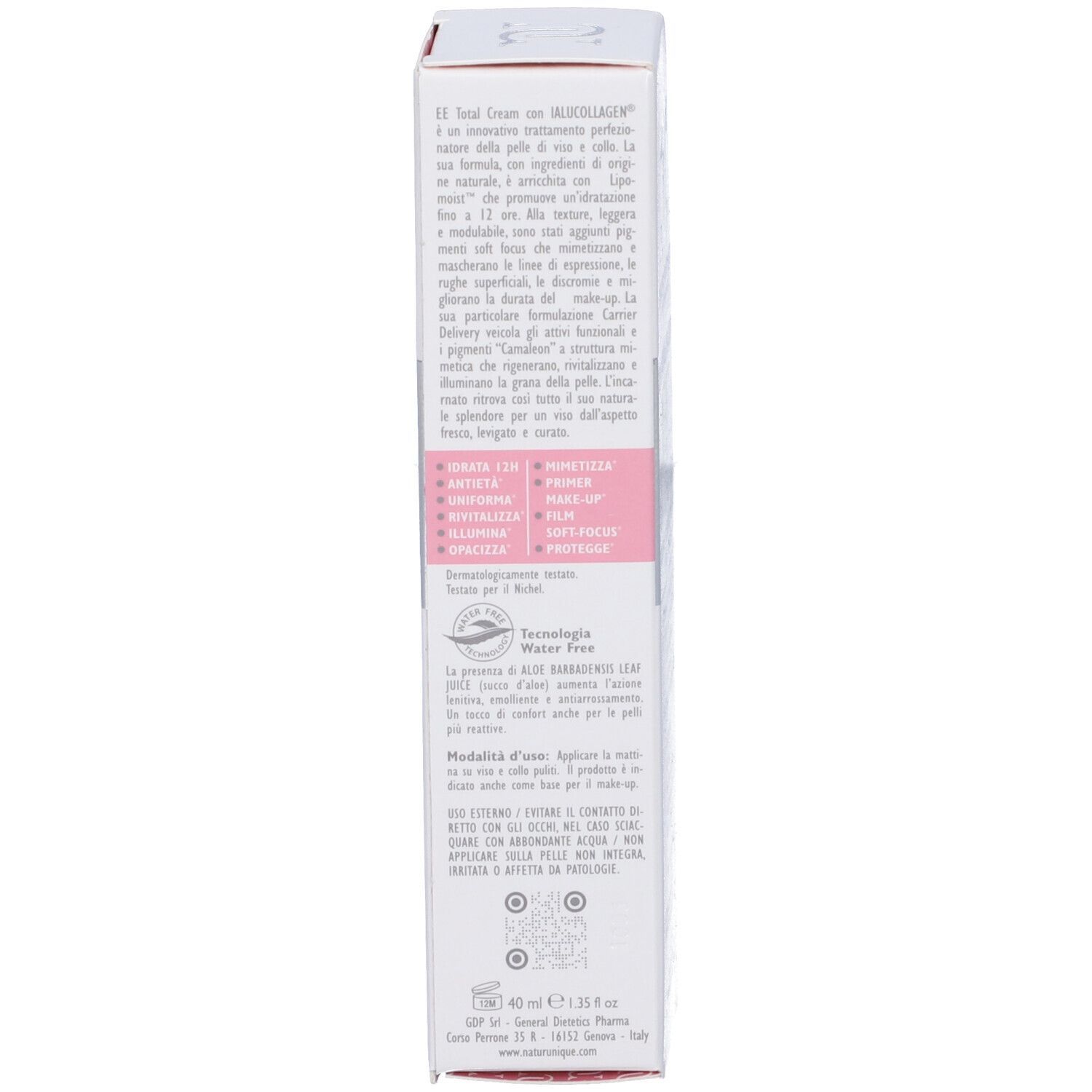 Vista laterale della confezione del prodotto. Testo in italiano. Contiene informazioni sugli ingredienti e l'uso.