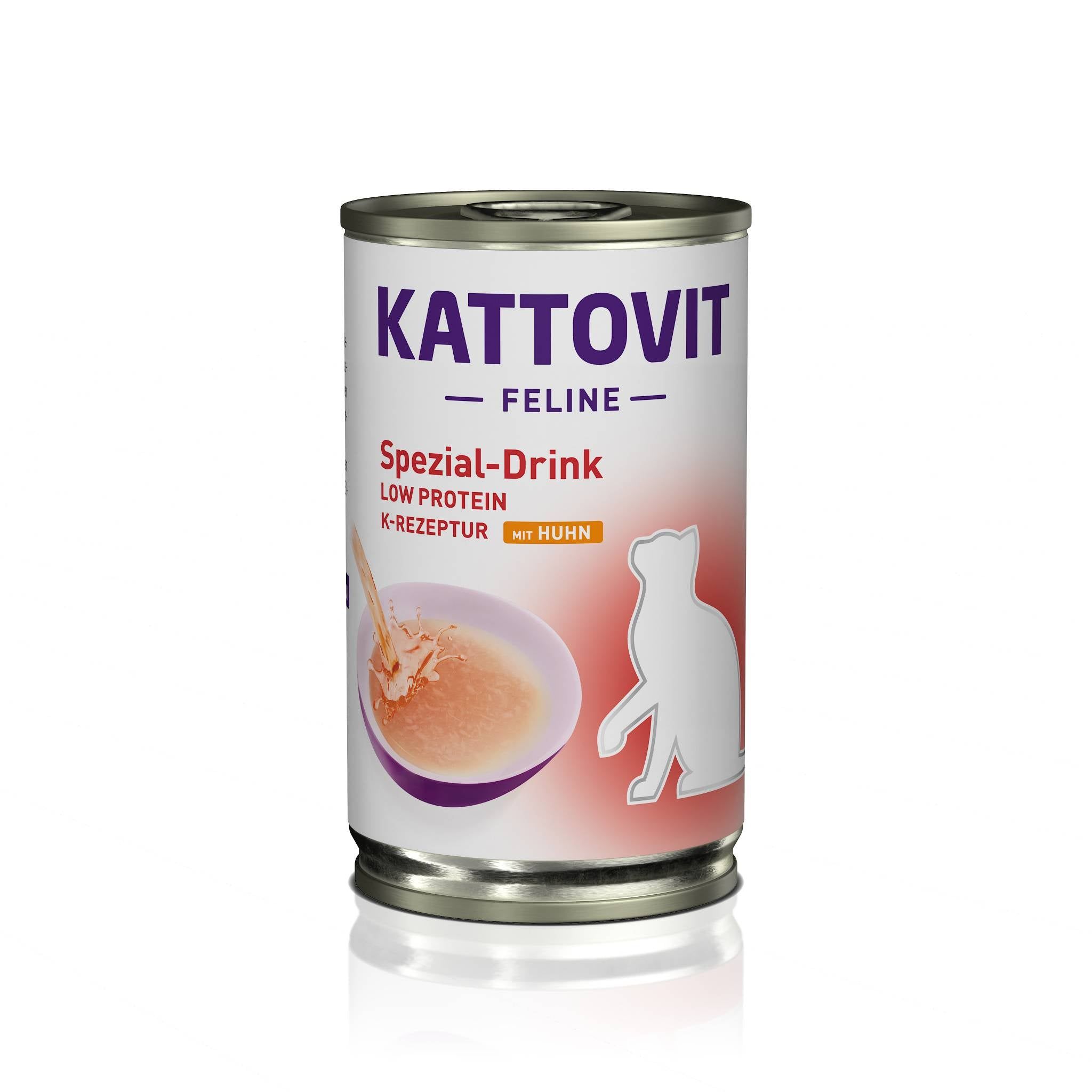 Lattina metallica KATTOVIT Feline Spezial-Drink. Stampa con nome del prodotto, sagoma di gatto e indicazione di pollo. Lattina aperta con liquido.