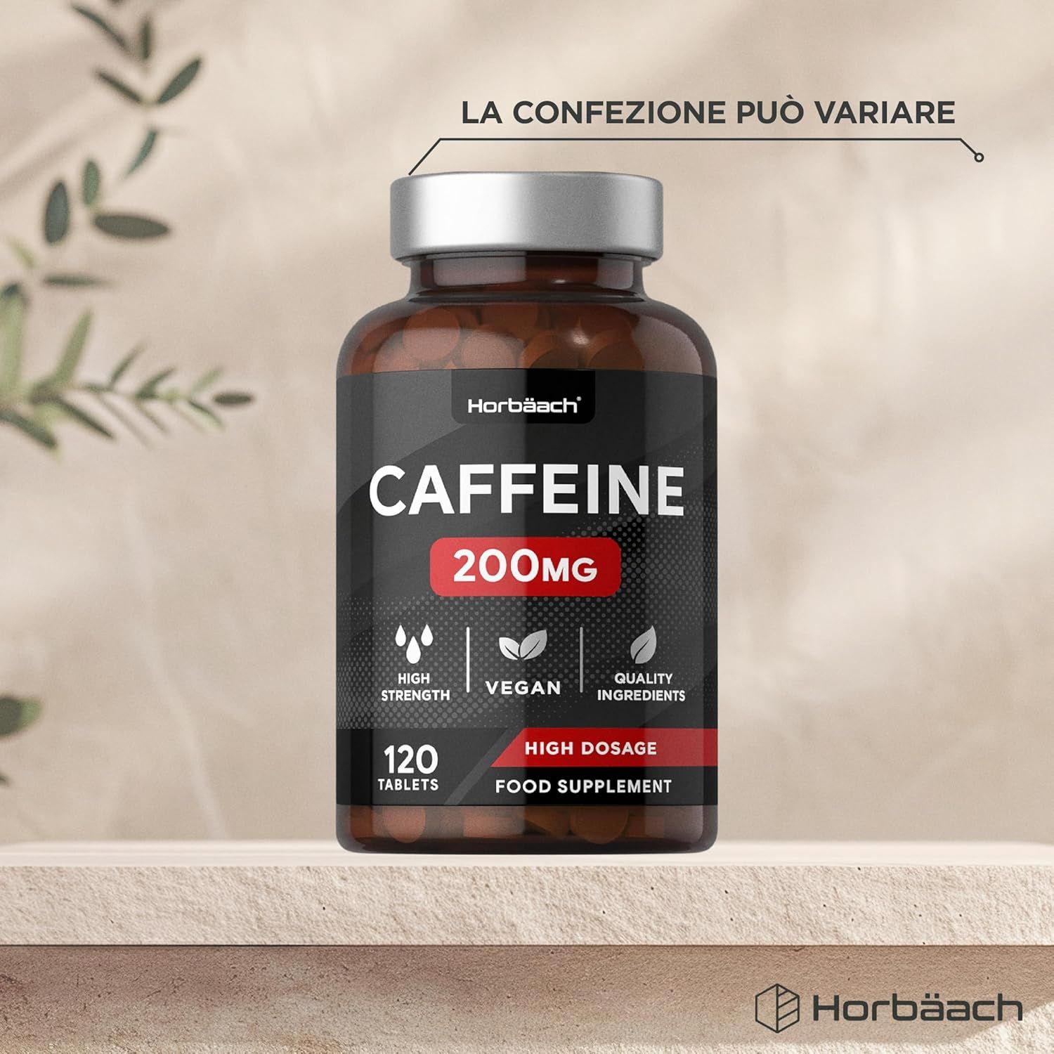 Flacone marrone con compresse. Scritta: Koffein 200mg, 120 compresse. Vegano, ad alto dosaggio.