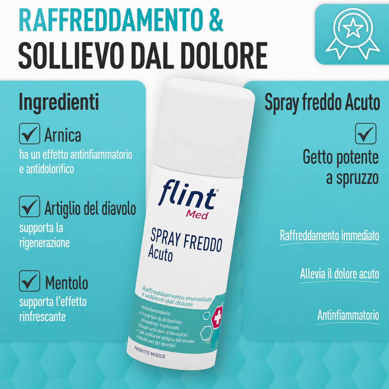 Spray bianco con testo blu: flint Med Spray freddo Acuto. Contiene Arnica, artiglio del diavolo e mentolo. Per raffreddamento e sollievo immediati.