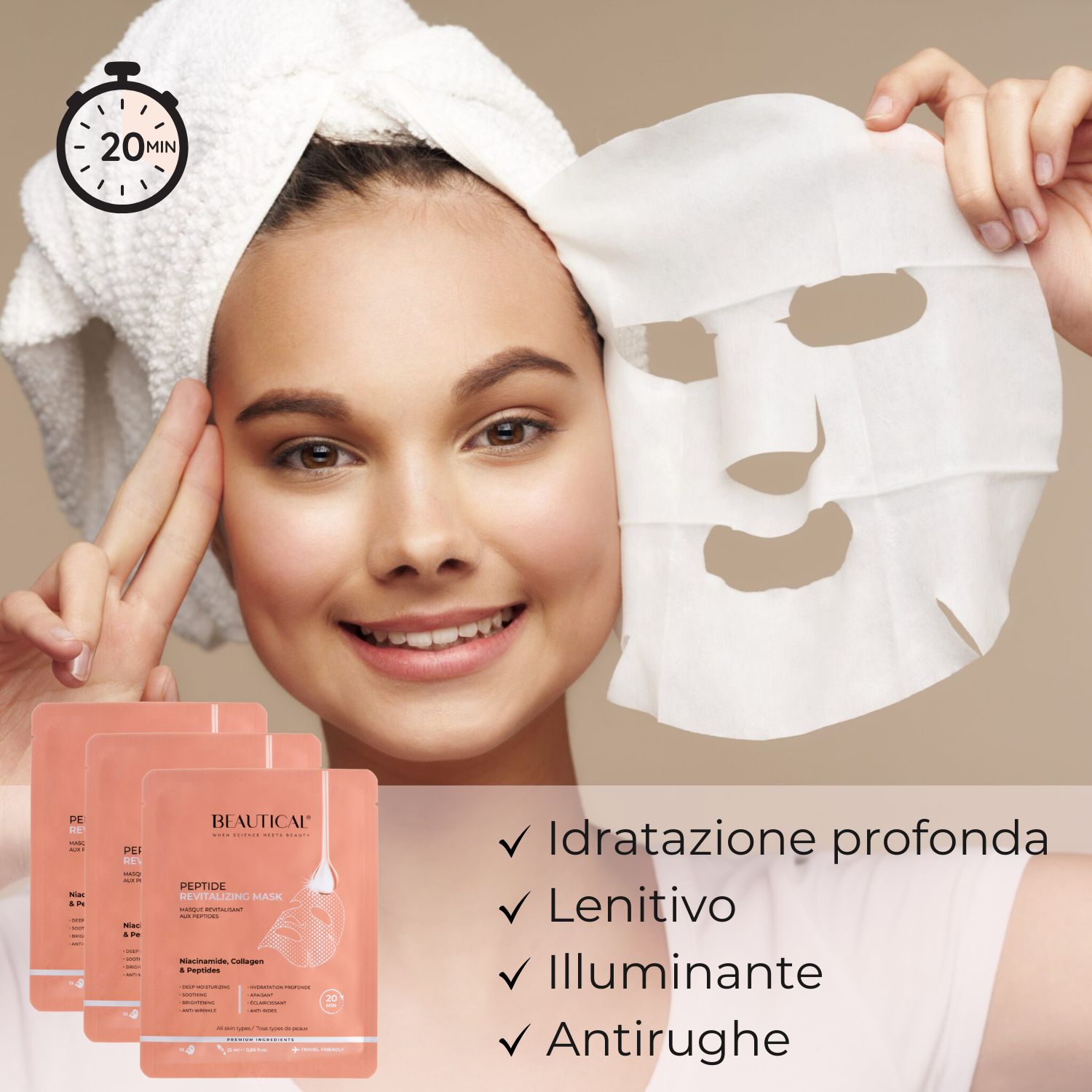 Beautical Maschera Rivitalizzante ai Peptidi. Testo. Sfondo rosa. 20 minuti.