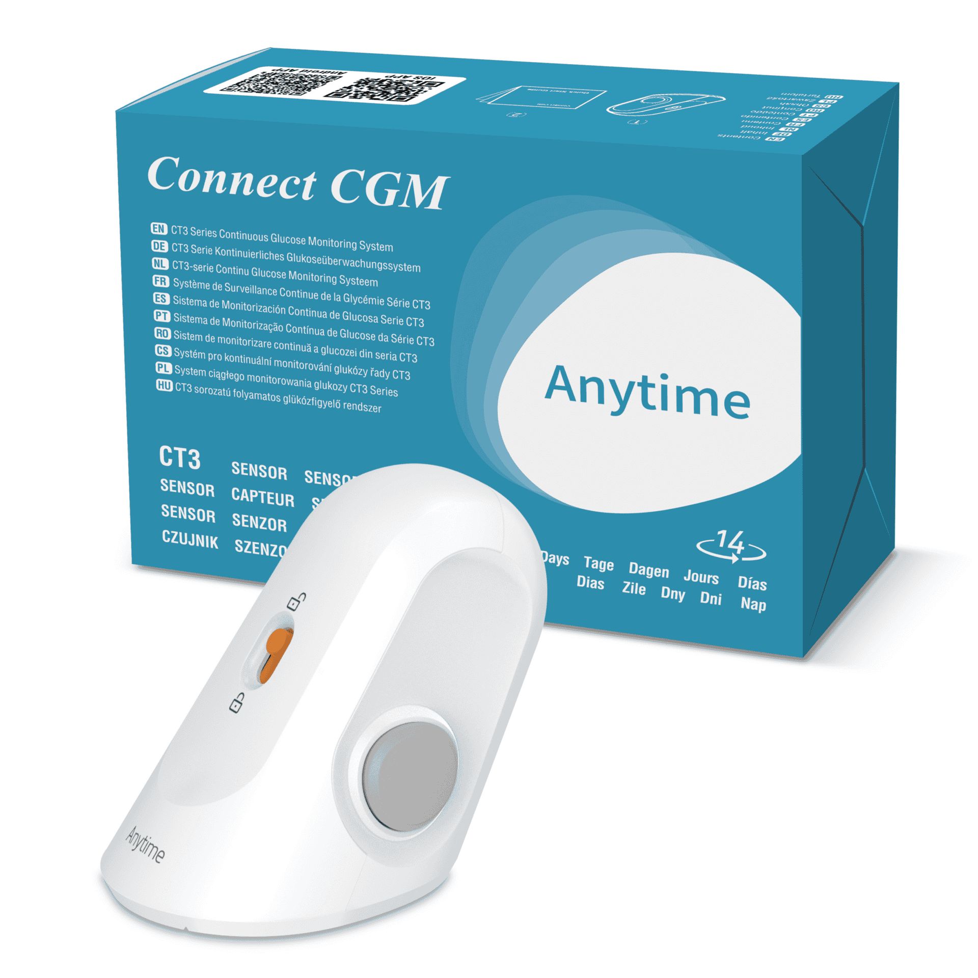 Un sensore CGM bianco e una scatola blu con 'Connect CGM Anytime'.