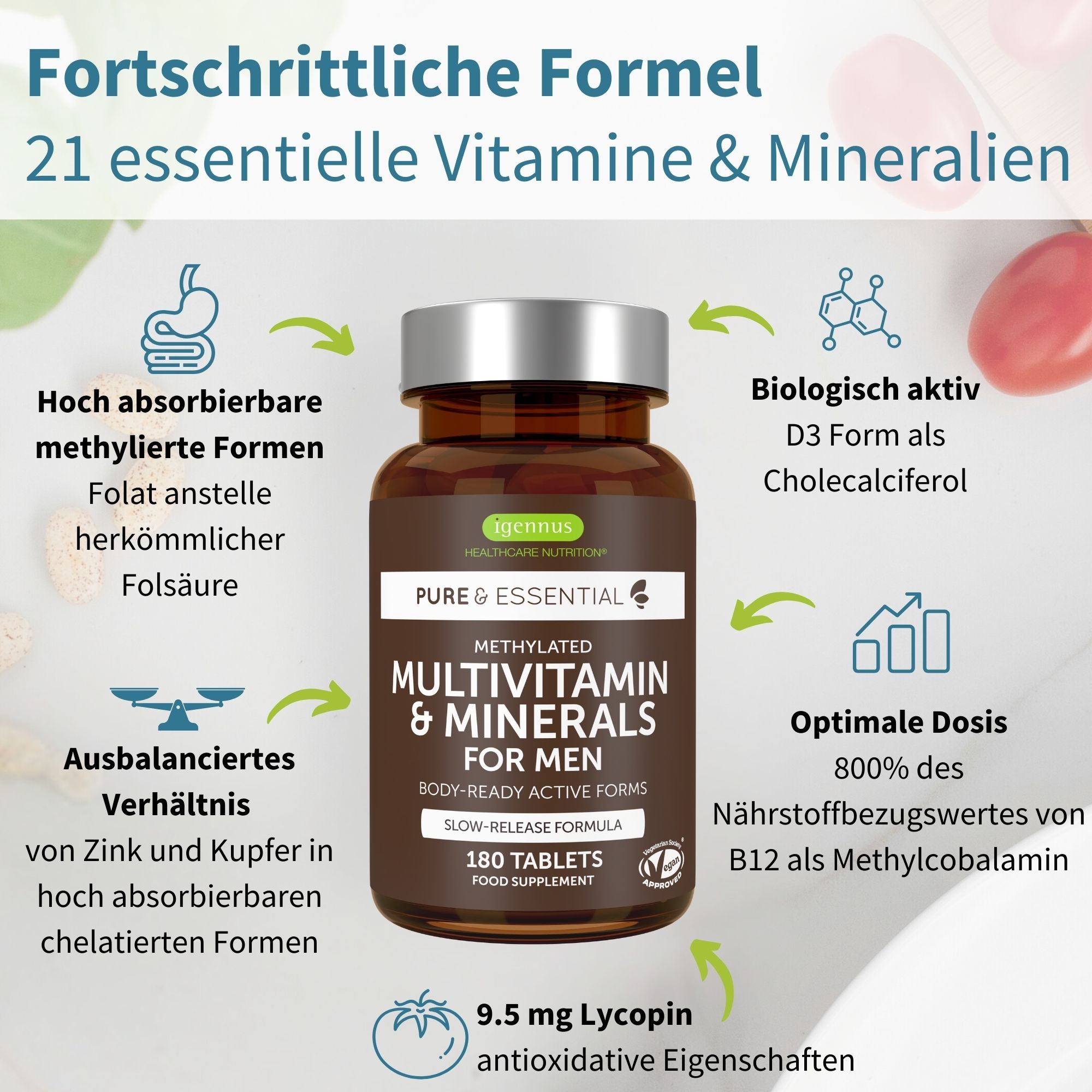 Igennus Multivitaminici per Uomo: flacone con 21 nutrienti, forme metilate, rilascio prolungato.