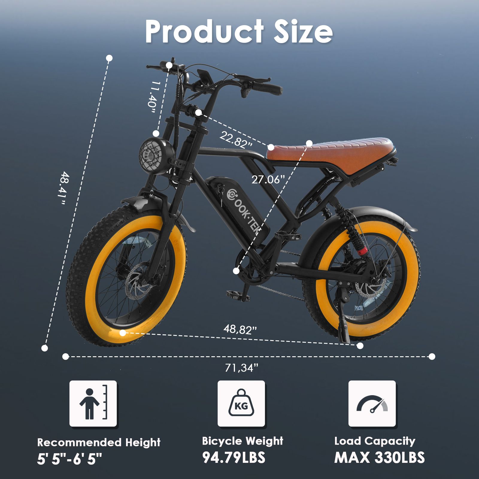E-bike con misure. Testo: Product Size. Altezza consigliata: 5'5"-6'5". Peso bici: 94.79LBS. Capacità max: 330LBS.