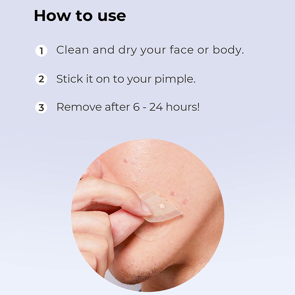 Istruzioni per l'uso dei cerotti per l'acne. 1. Pulire il viso. 2. Incollare sul brufolo. 3. Rimuovere dopo 6-24 ore.