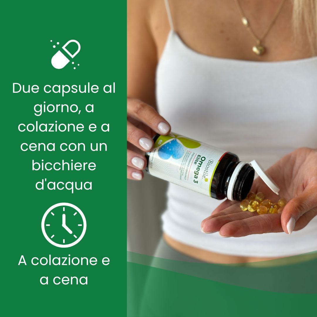 Mani che tengono un flacone Biostile Omega 3 Elite e capsule. Scritta: Omega 3 Elite. Istruzioni: mattina e sera.