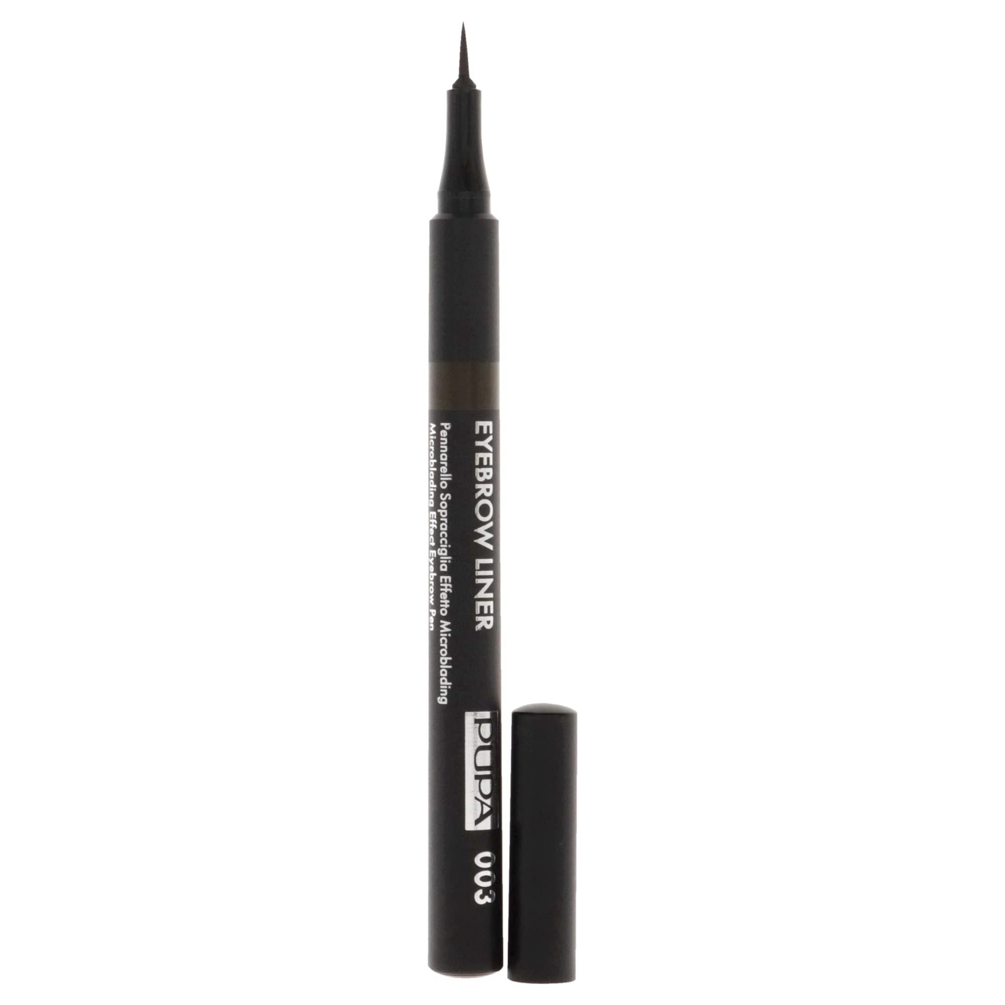 Eyeliner per sopracciglia marrone con punta nera e cappuccio nero. Scritta: Pupa Milano, Eyebrow Liner 003.