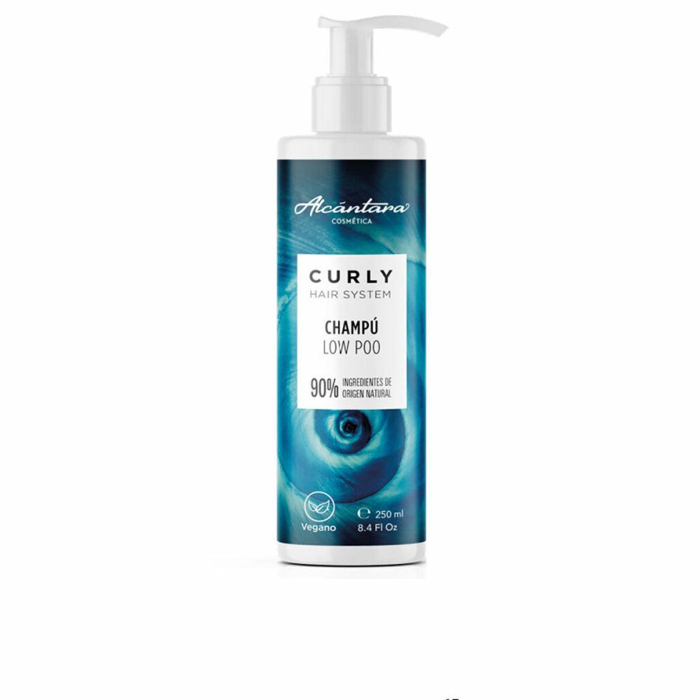 Flacone con dosatore. Scritta: CURLY HAIR SYSTEM CHAMPÚ LOW POO. 90% ingredienti di origine naturale. Vegano.