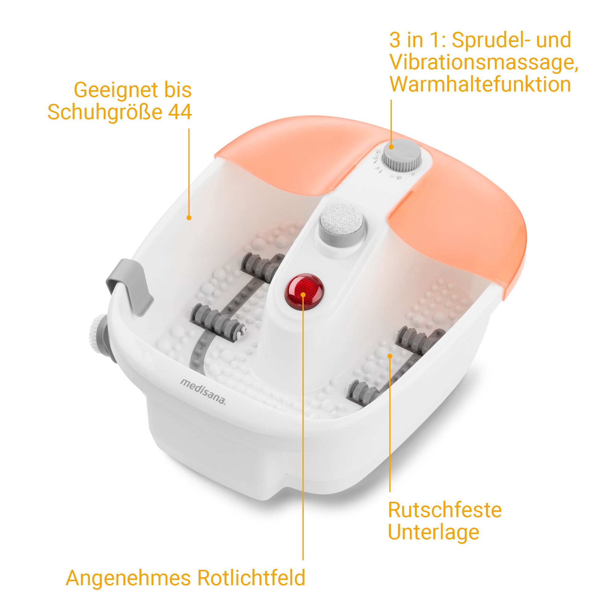 Vasca Medisana: Massaggio 3-in-1, funzione mantenimento calore, luce rossa.