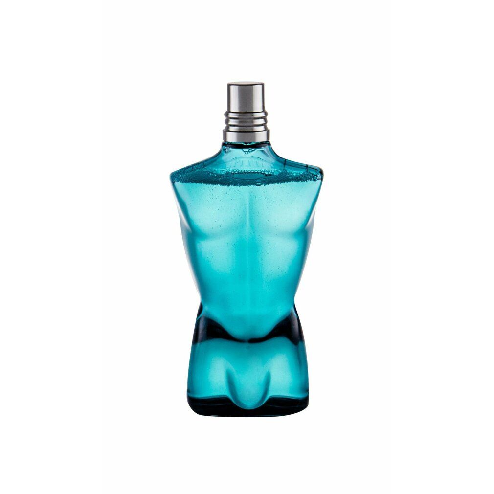 Flacone blu turchese a forma di torso con tappo argentato. Il flacone è posto su sfondo bianco.