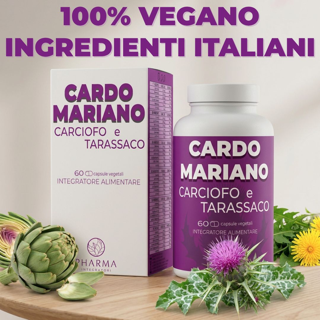 Integratore alimentare in capsule. Flacone e scatola con stampa del prodotto. 100% vegano, ingredienti italiani.