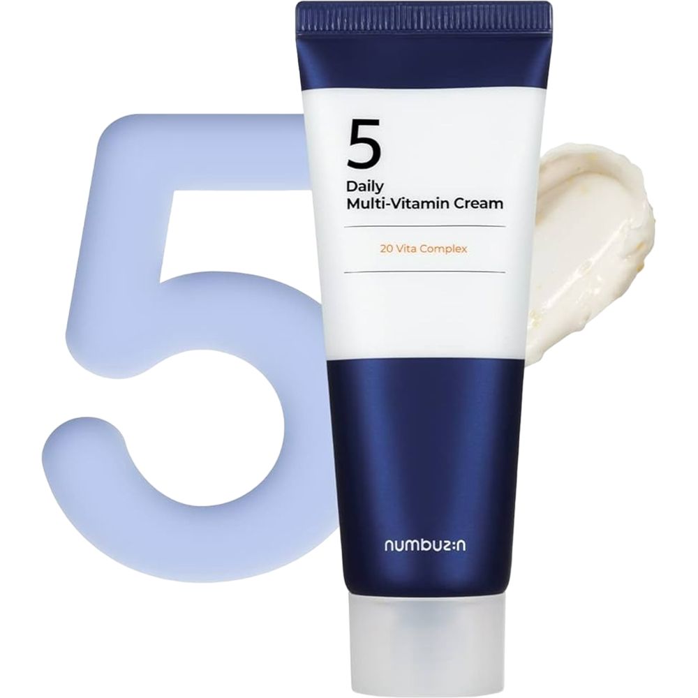Tubo di crema con tappo e parte inferiore blu. Scritta: 5, Daily Multi-Vitamin Cream, 20 Vita Complex. Marchio: numbuz:n. Accanto, un 5.