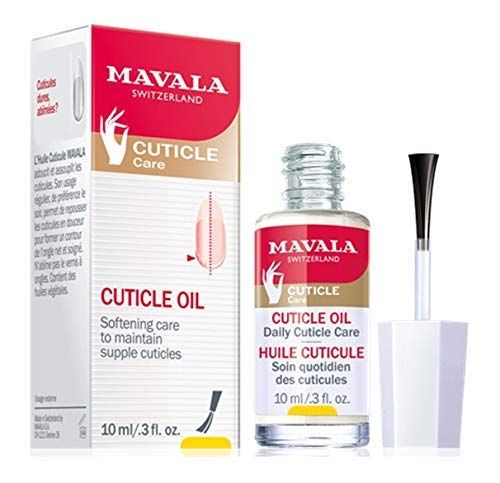 Olio per cuticole Mavala. Flacone e confezione. Flacone con pennello. Confezione con illustrazione e testo. 10 ml.