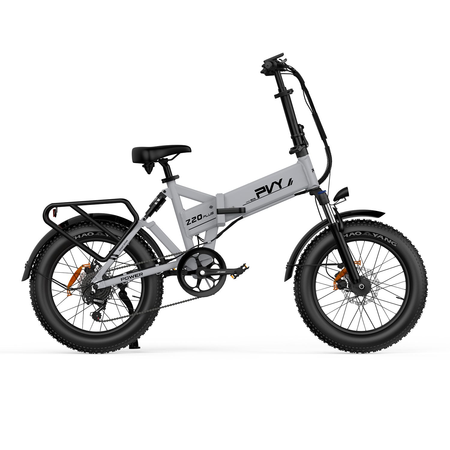 E-bike grigio con pneumatici neri e portapacchi. Scritta: PVY Z20 Plus.