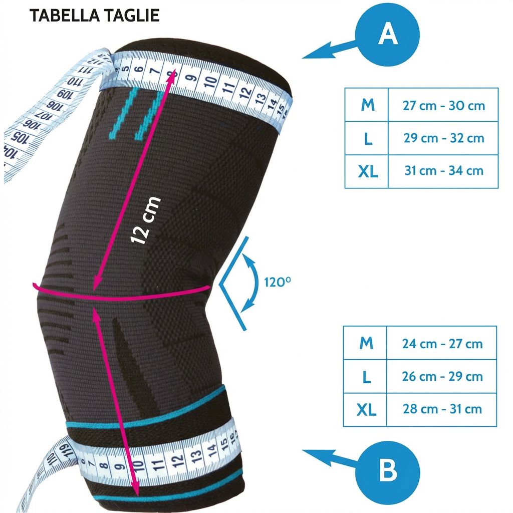 Tabella taglie per tutore per gomito. Misure in cm: M (27-30/24-27), L (29-32/26-29), XL (31-34/28-31). Angolo: 120°. Tutore illustrato.