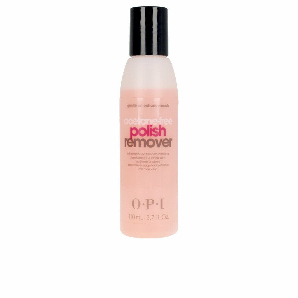 Flacone di solvente per unghie OPI. Liquido rosa, tappo nero. Scritta "polish remover".