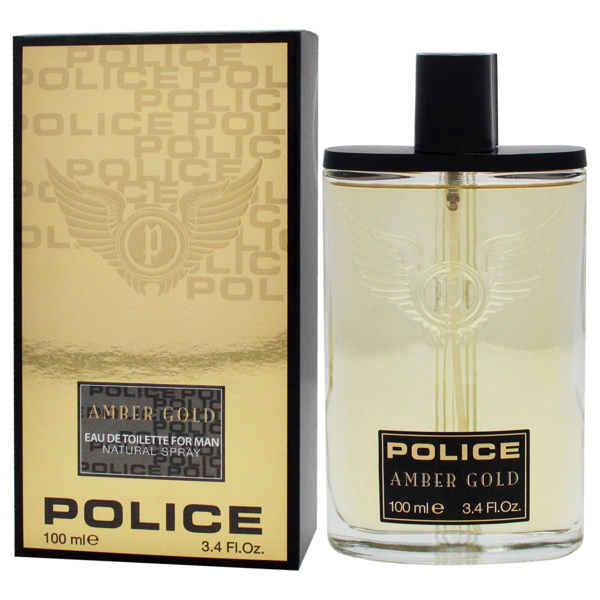 Flacone e confezione di eau de toilette da uomo. Confezione dorata con logo e scritta. Flacone con tappo nero.
