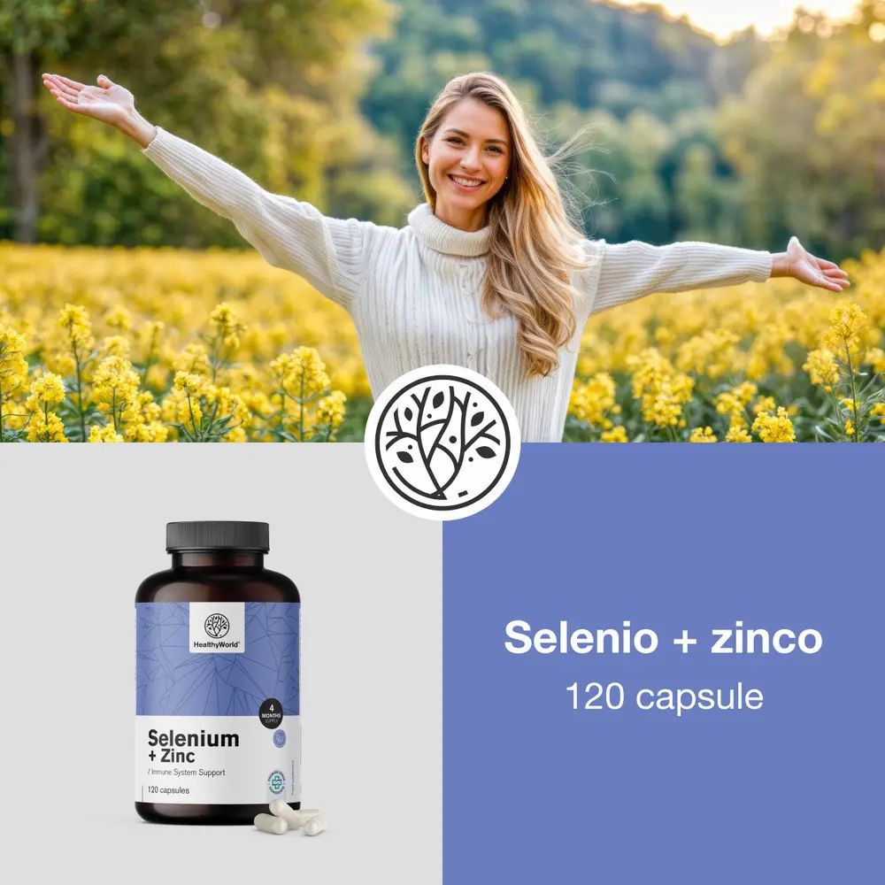 Donna in un campo con prodotto HealthyWorld. Flacone di Selenio + zinco, 120 capsule.