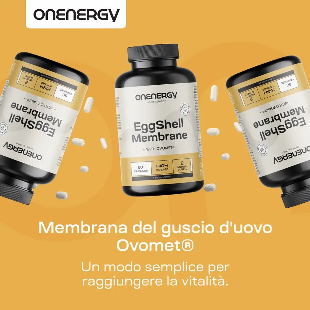 Tre flaconi EggShell Membrane Ovomet® su sfondo giallo, un modo semplice per raggiungere la vitalità.