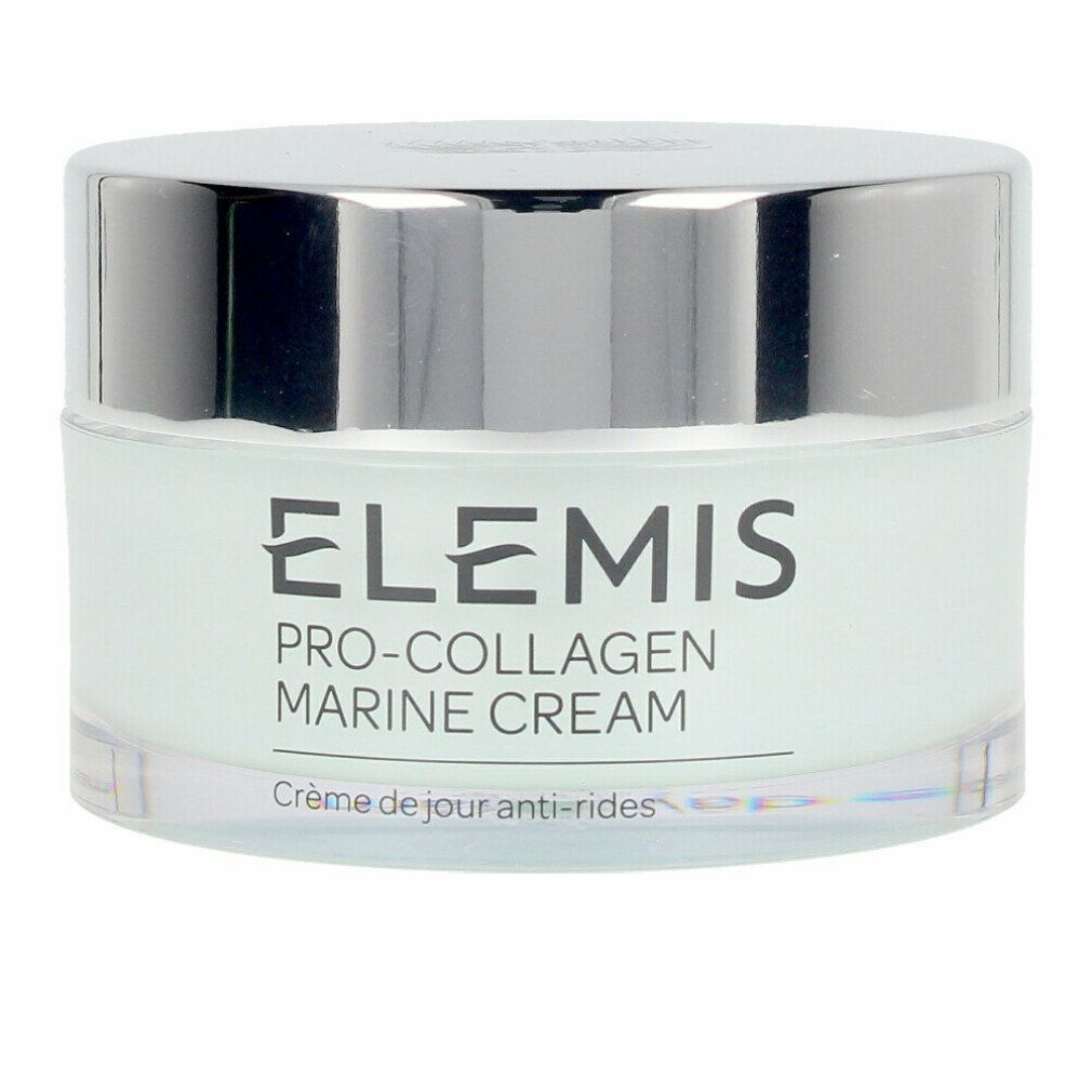 Vasetto Elemis Pro-Collagen Marine Cream. Contenitore in vetro con coperchio argentato. Testo: Pro-Collagen Marine Cream, Crème de jour anti-rides.