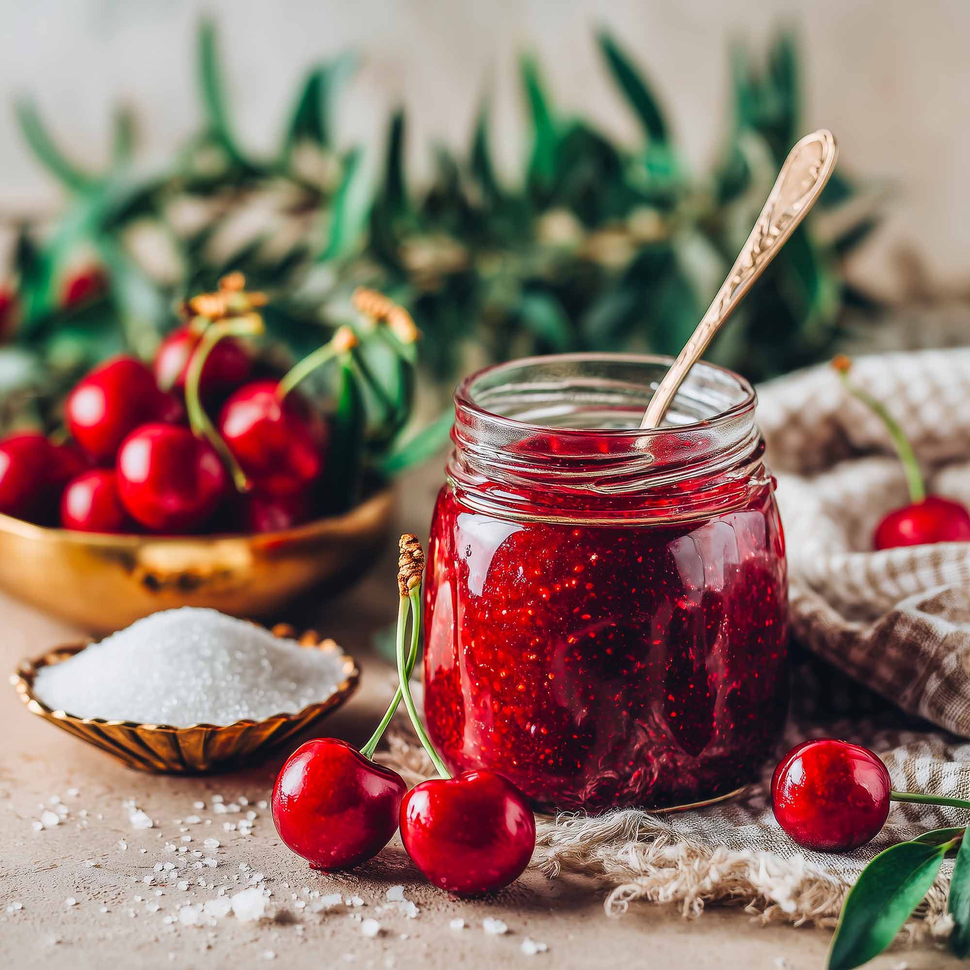 Un barattolo di marmellata di ciliegie con un cucchiaio, accanto a ciliegie fresche e zucchero.
