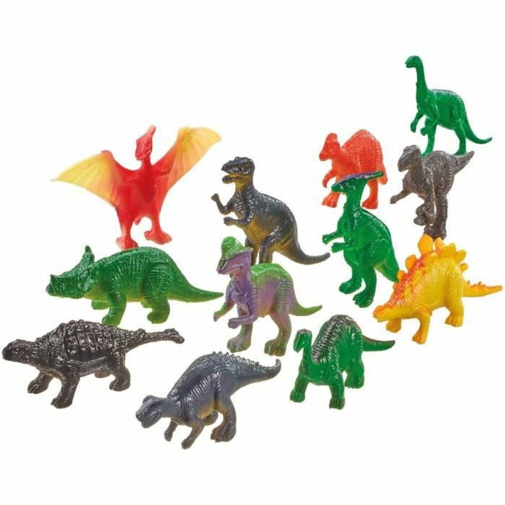 12 piccole figurine di dinosauri in vari colori. Diverse specie, in plastica. Include Pterodattilo, Brachiosauro, Triceratopo.