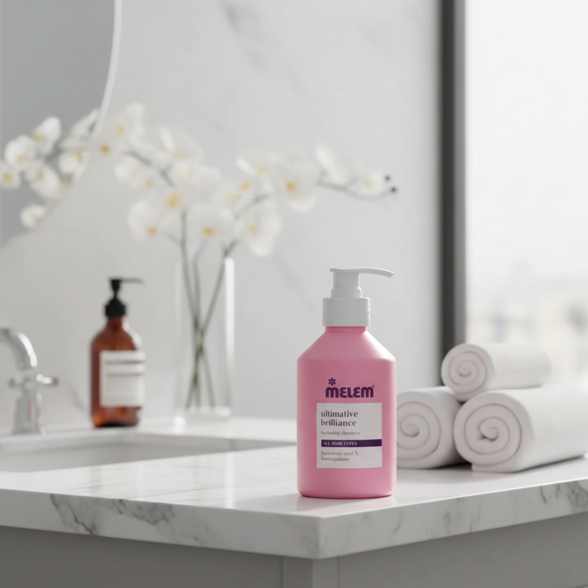 Flacone di shampoo rosa con erogatore bianco su una superficie in marmo. Asciugamani e decorazioni sullo sfondo.