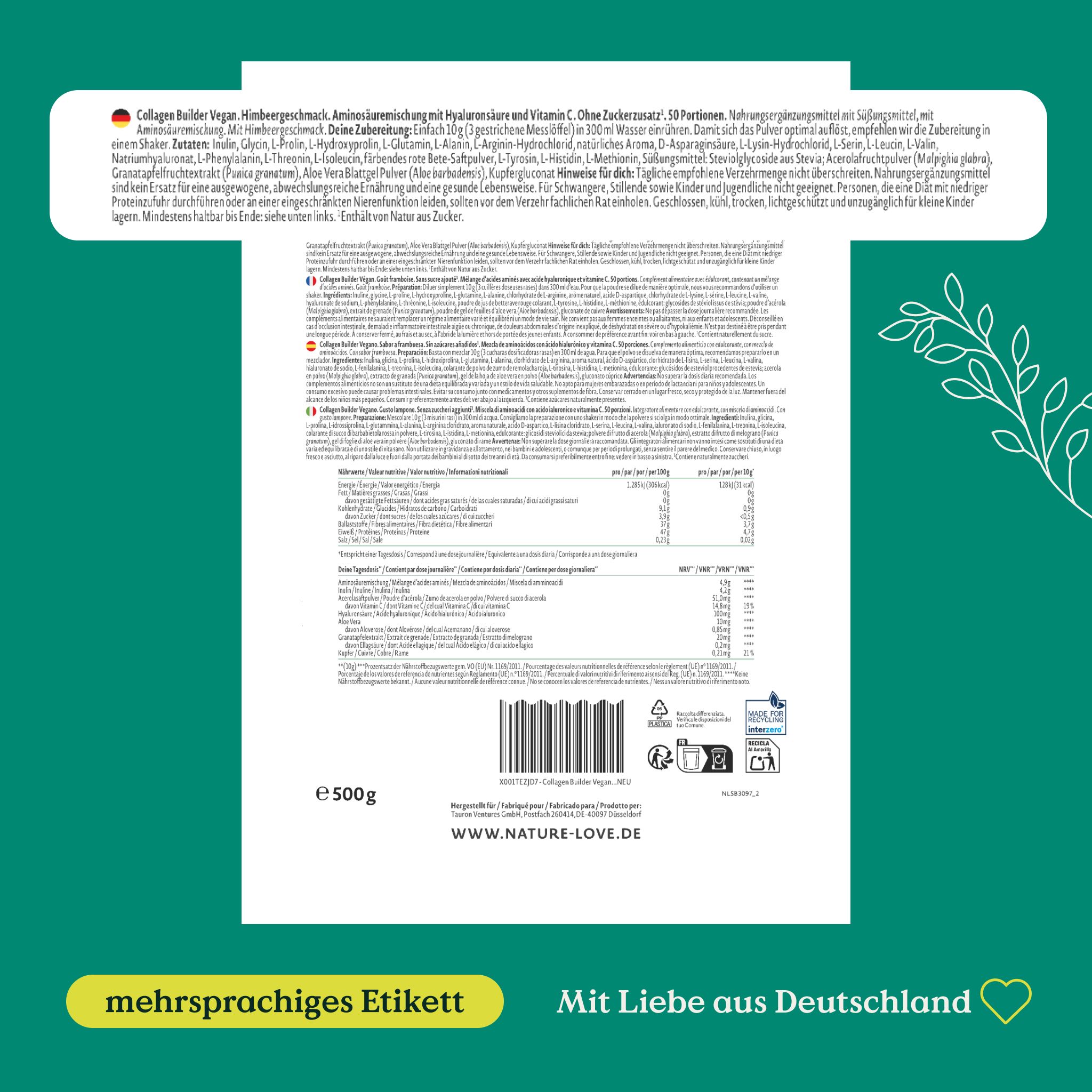 Retro di una confezione con etichetta multilingue, informazioni nutrizionali e indicazione 500g.