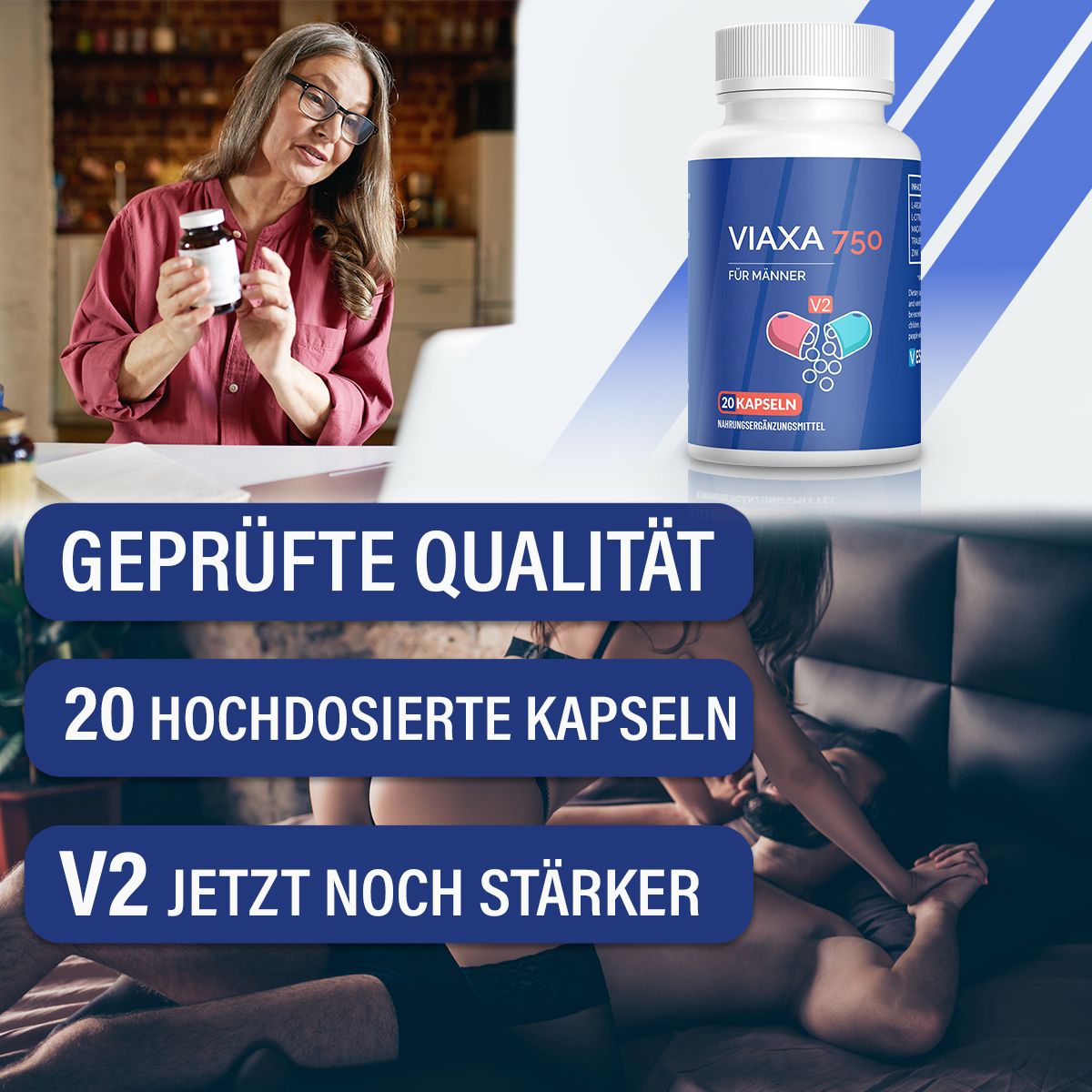 Flacone di Viaxa 750 für Männer. Scritta: 20 capsule. Sfondo: donna con flacone, coppie, testo: Qualità testata, 20 capsule ad alto dosaggio.
