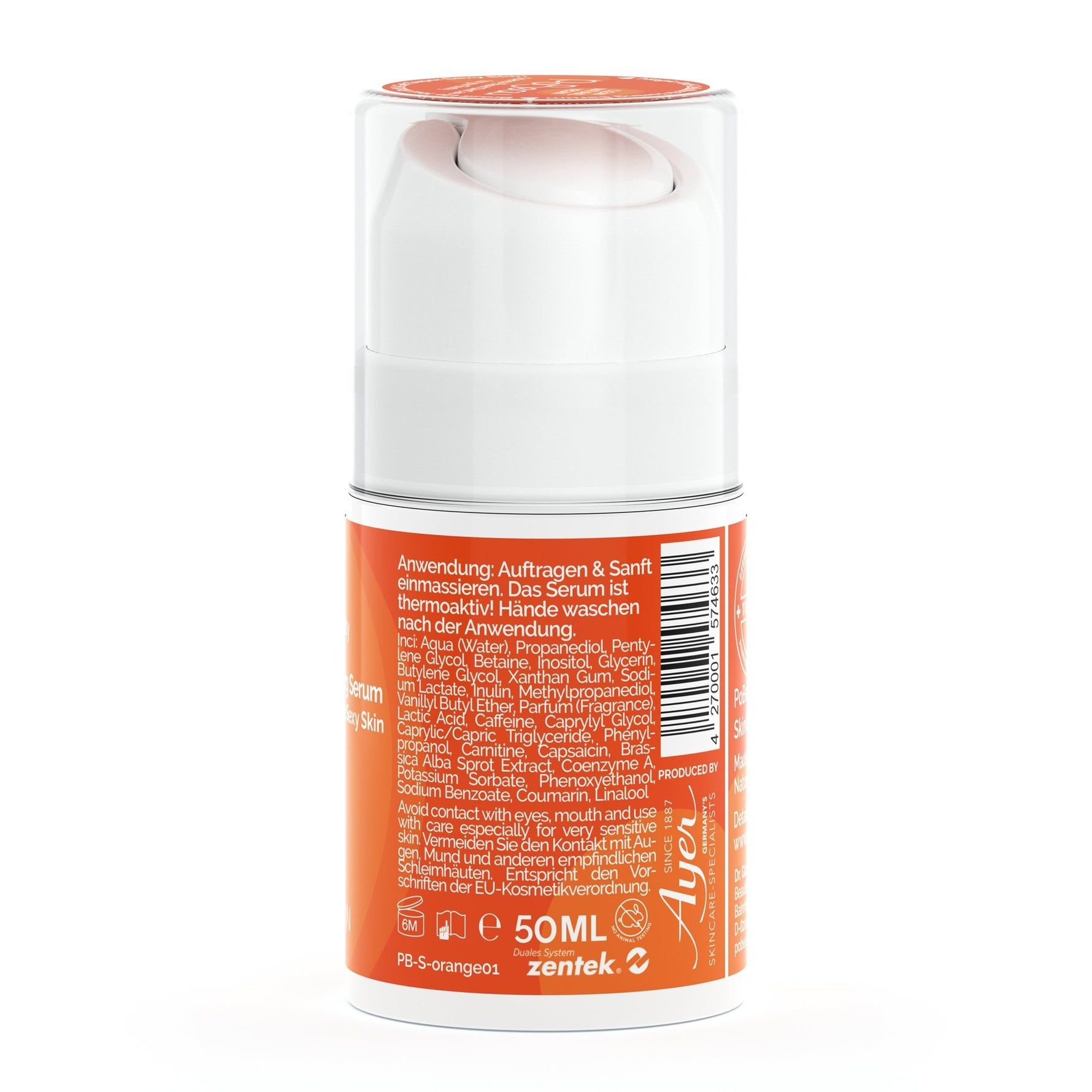 Vista posteriore di un flacone cilindrico con etichetta arancione. Testo: 50ml. Testina bianca.