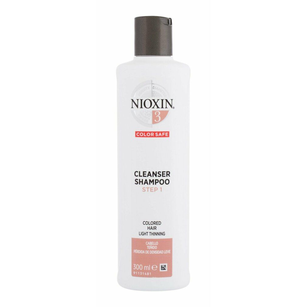 Flacone bianco con tappo marrone. Scritta: Nioxin 3 Color Safe Cleanser Shampoo. Per capelli colorati, diradamento leggero.