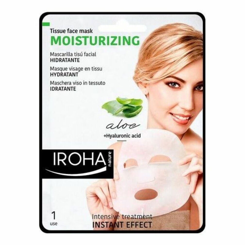 Maschera viso in confezione. Donna tiene maschera. Testo: Moisturizing, Aloe + Acido Ialuronico, Iroha Nature. 1 uso.