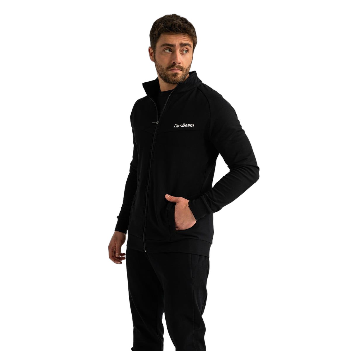 GymBeam Felpa uomo Limitless slim con zip, maniche lunghe senza cappuccio Black